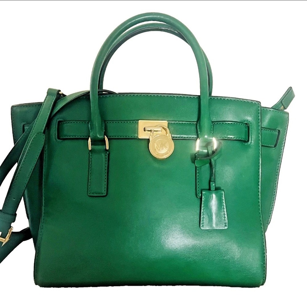 Michael Kors Hamilton Green Leather Satchel Gold Padlock Handbag Excellent